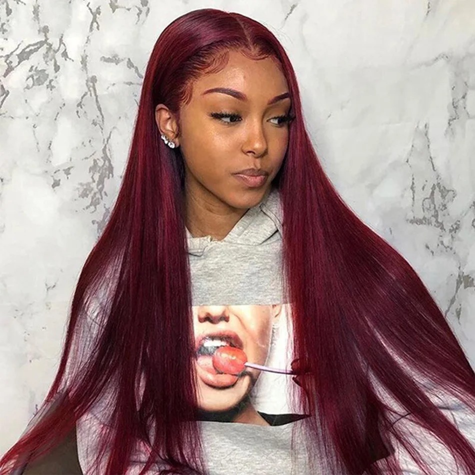 Red 99J Transparent 13X6 Front Human Hair Bury Straight 13X4 HD Lace Frontal For Women Colored Wig