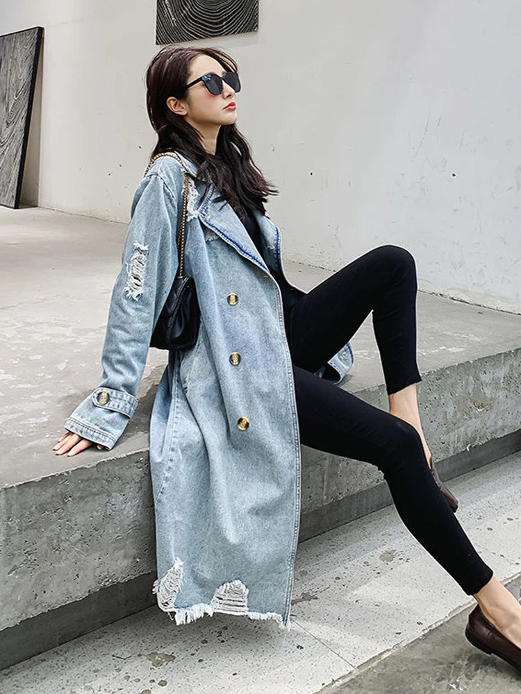 Girls Denim Trench Coat Jackets Winter For Women Coats Female Overcoat 240315