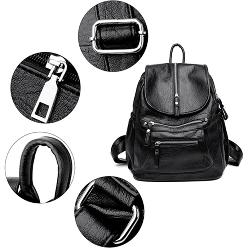 leather backpack with multiple zipper pockets and hardware, fashionable and minimalist women's bag