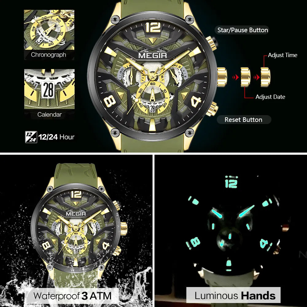 MEGIR Olive Green Sport Watch Men Fashion Silicone Strap Waterproof Chronograph Quartz Wristwatch with Auto Date Luminous Hands 240311