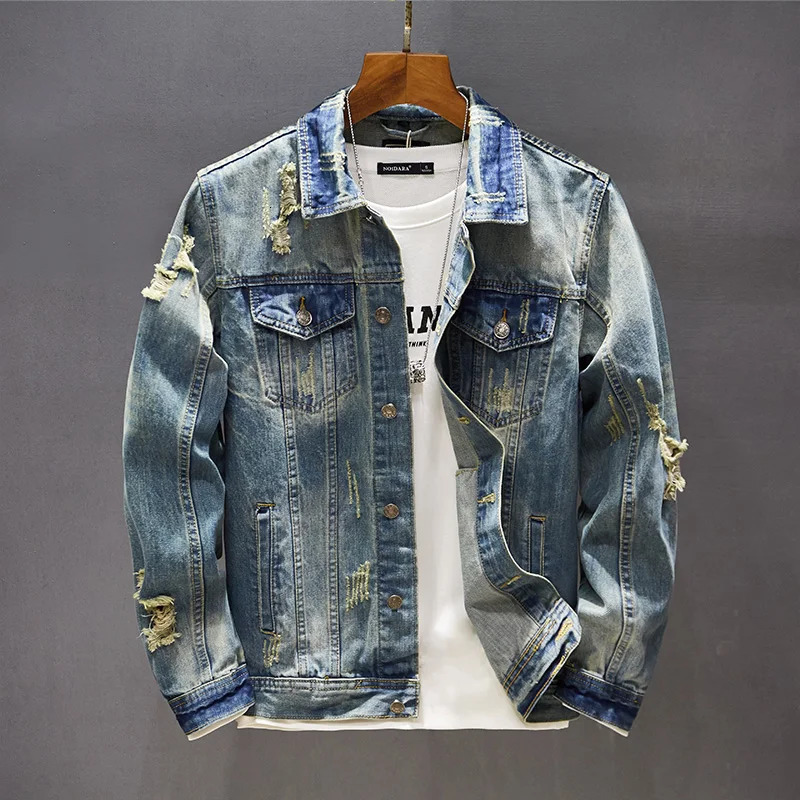 Mens Classic Retro Washed Distressed Hole Ripped Denim Jacket Mens Casual Slim Long Sleeve motorcycle jeans Jacket 5XL 240319
