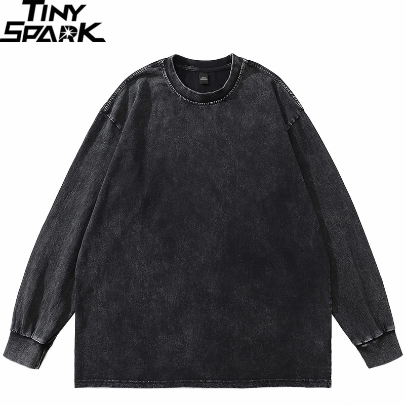 Hip Hop Streetwear Washed Black Plain T Shirt Vintage Harajuku T-Shirt Autumn Men Cotton Long Sleeve Tshirt Solid Color 240319