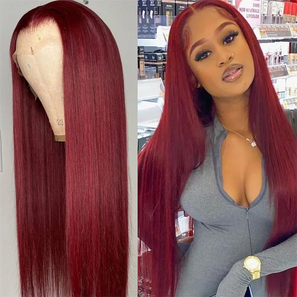 Red 99J Transparent 13X6 Front Human Hair Bury Straight 13X4 HD Lace Frontal For Women Colored Wig