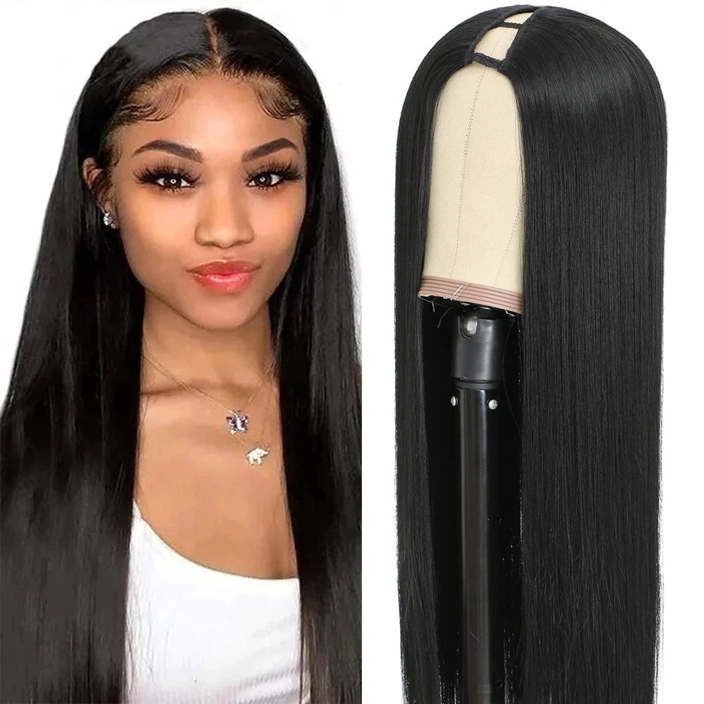 150% Density For Black Women Daily Use U Part 40Inch Long Straight Synthetic V Shape Glueless Cosplay Party Wigs