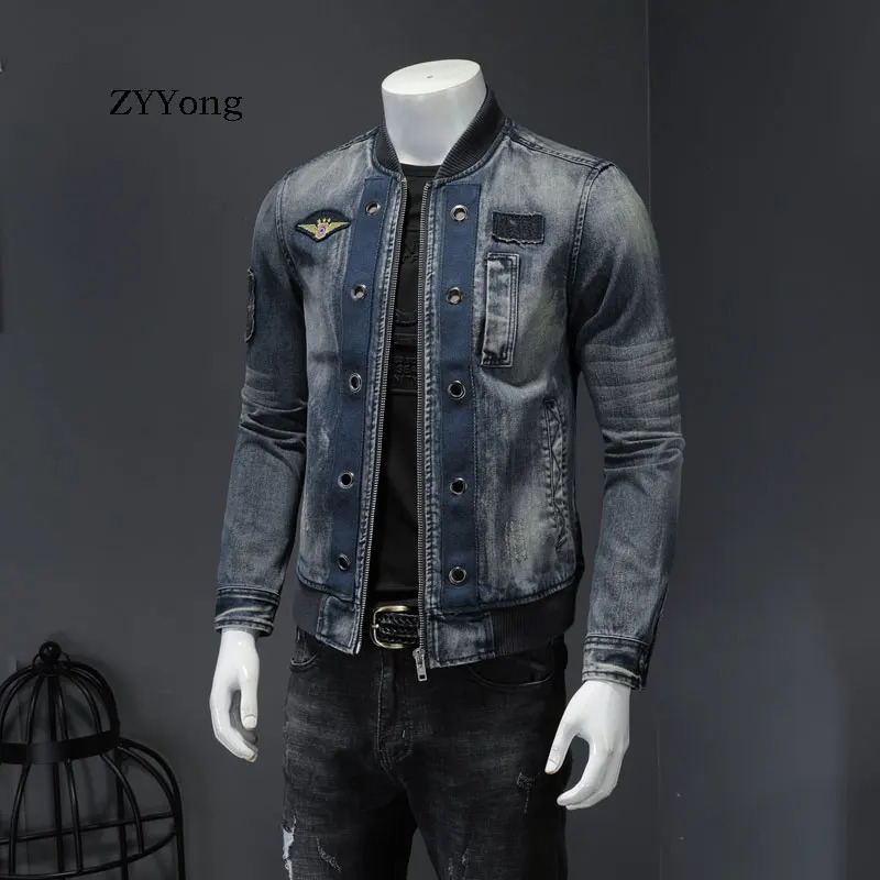 European Style Stand Collar Patch Bomber Pilot Blue Denim Jacket Men Jeans Coats Motorcycle Casual Outwear Clothing Overcoat 240319