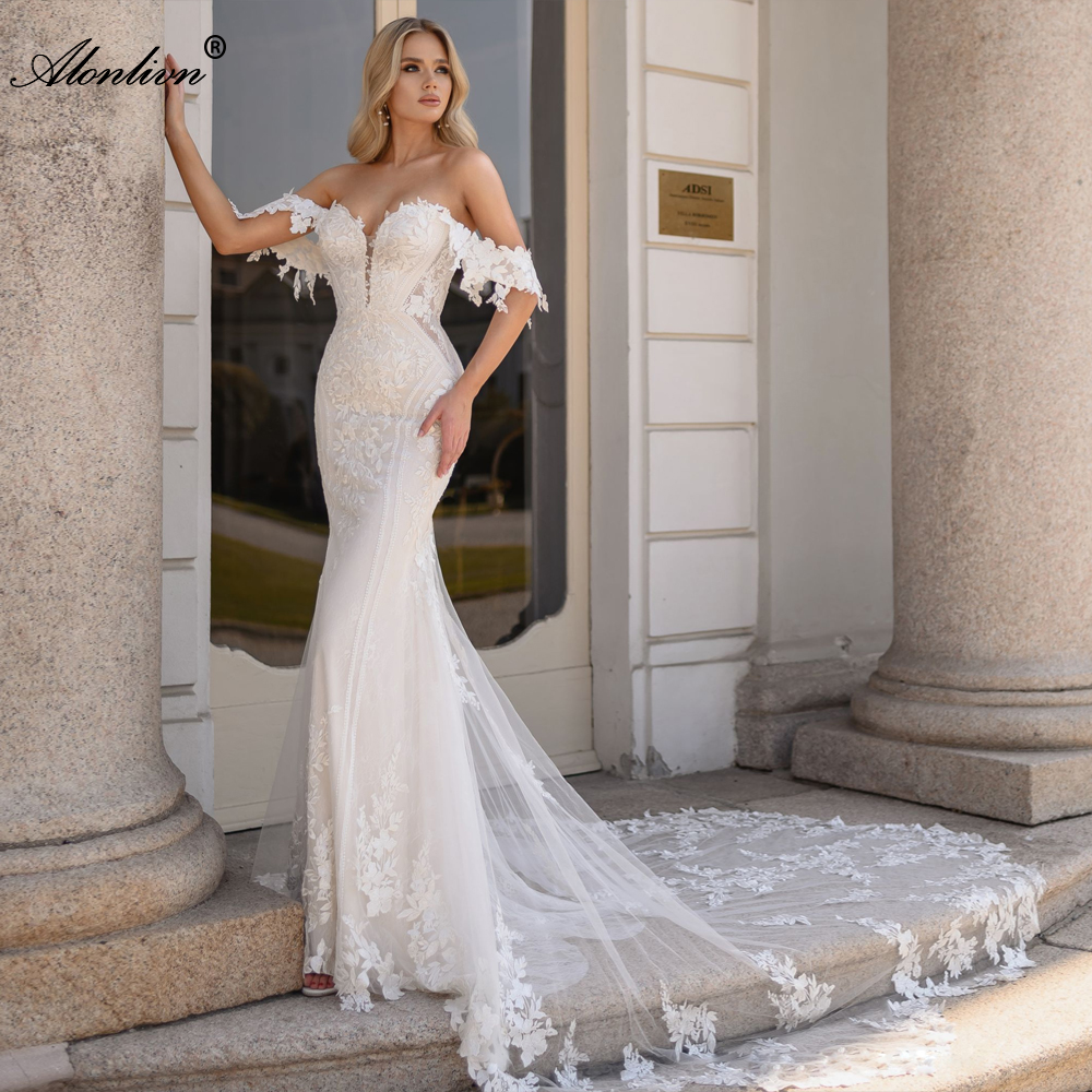 New Arrival Elegant Beading Appliques Lace Off Shoulder Sleeves Sweetheart Mermaid Wedding Dresses Court Train Floral Prints Trumpet Bridal Gowns