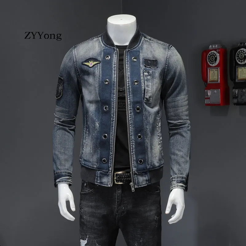 European Style Stand Collar Patch Bomber Pilot Blue Denim Jacket Men Jeans Coats Motorcycle Casual Outwear Clothing Overcoat 240319
