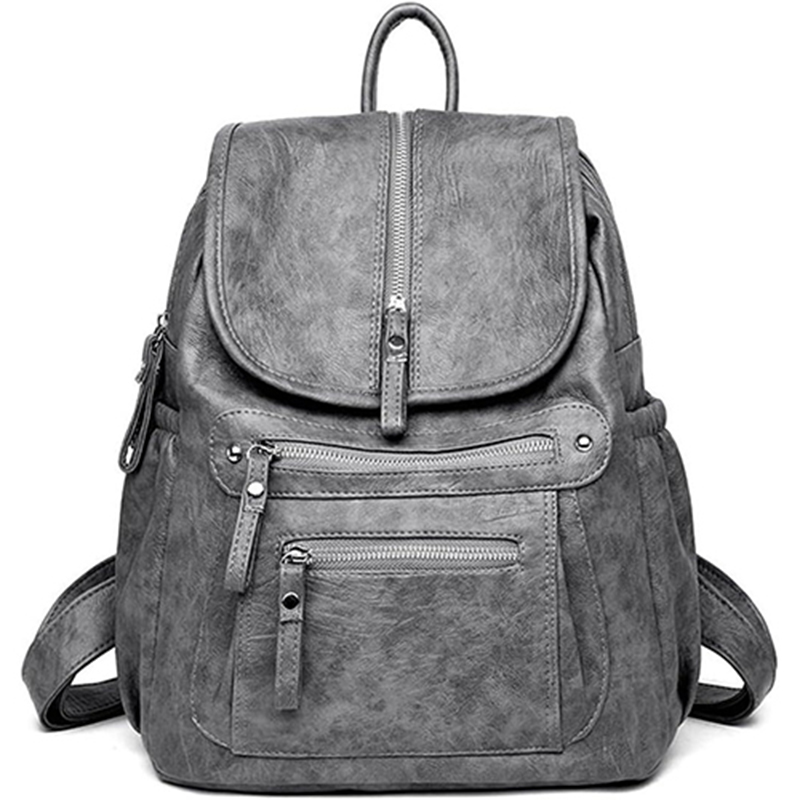 leather backpack with multiple zipper pockets and hardware, fashionable and minimalist women's bag