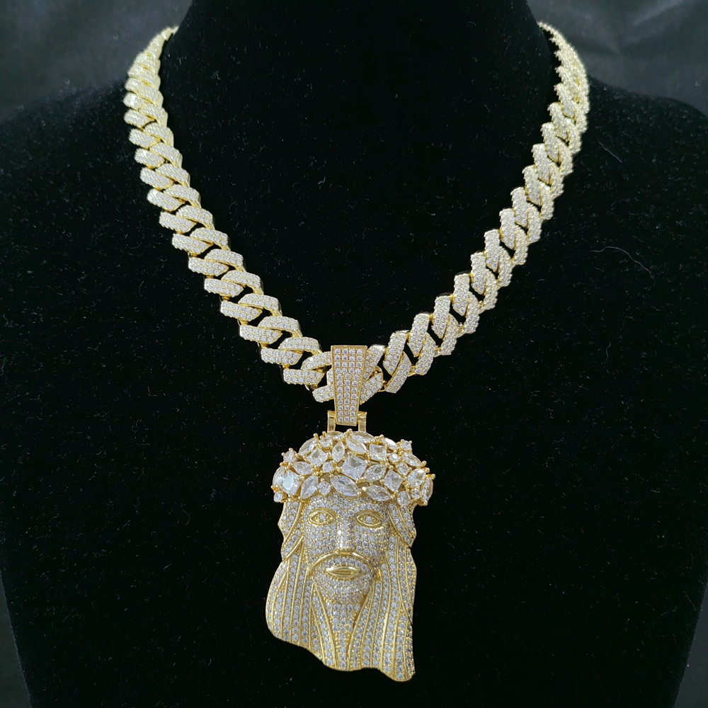 religion necklace men 13MM wide cuban k chain full inlaid CZ dia Jesus pendant necklaces gold plated designer rock hip hop jewelry woman