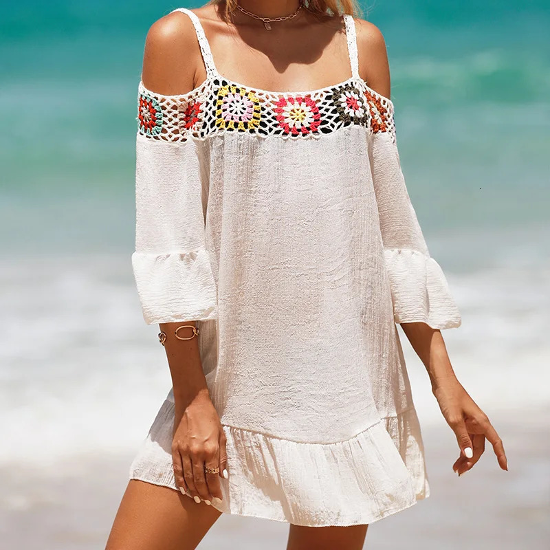 Boho OffShoulder Straps Mini Beach Dress Summer Women Bikini Cover Ups Half Flare Sleeve Ruffle Hem Casual Wear 240320