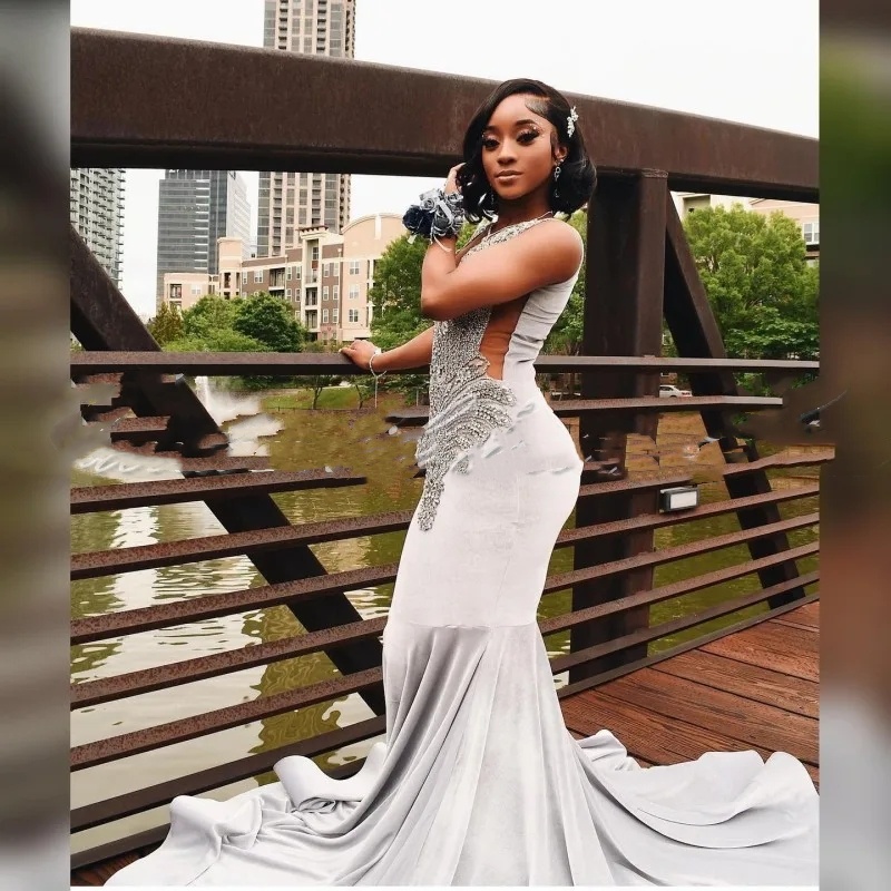 Designer Sier Prom Dress 2024 Blackgirl Rhinestone Veet African Women Party Gowns Long See Through Vestidos De Festa 0431