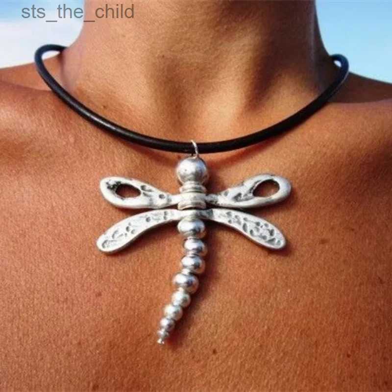 Chokers New Ethnic Style Dragonfly Metal Pendant Necklace Womens Fashion Bohemian Leather Necklace Beach Party JewelryC24326