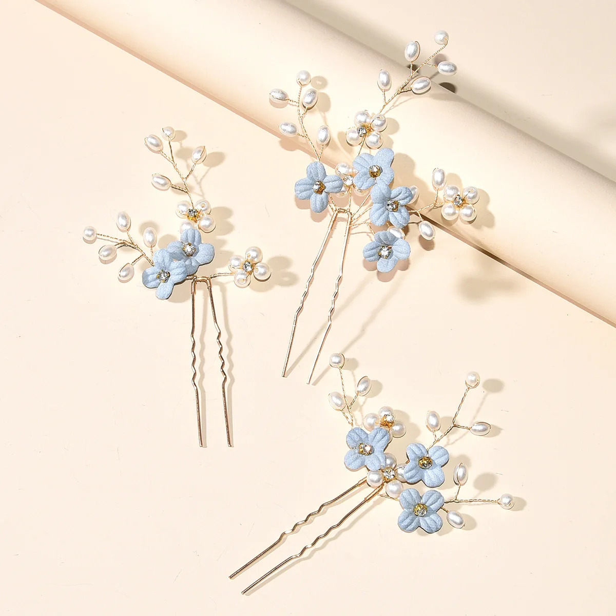 3pcs Blue Flower U Shaped Hair Pins Pearl Elegant Clips Headwear for Wedding Bridal Hairclip Women Jewelry Accessories 240311