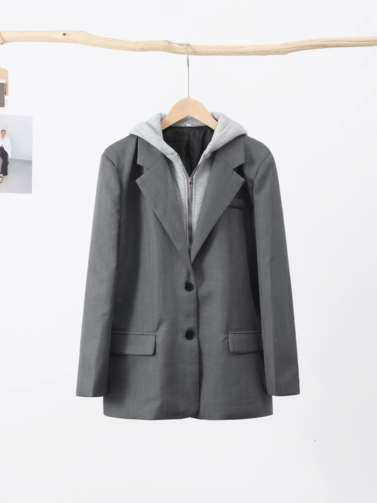 Fashion Casual Flip Hooded Blazer for Women Lapel Single Breasted Zipper Splicing Coats Retro Solid Long Sleeve Pocket outwear 240318