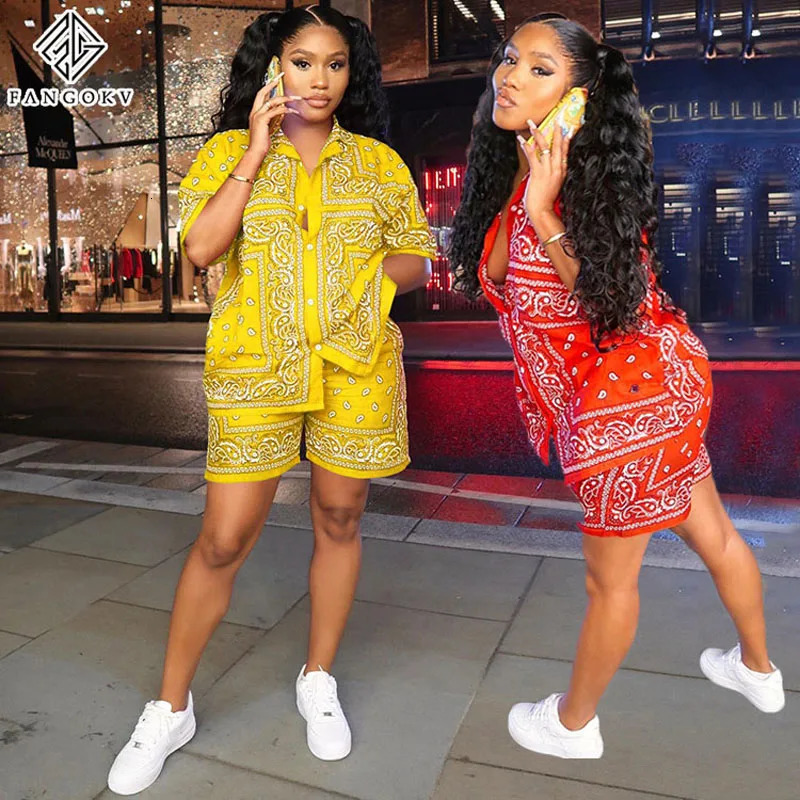 Fashion Paisley Bandana Print 2 Two Piece Set Tracksuit Short Sleeve Shirt Shorts Sets Female Outfits Matching 240228