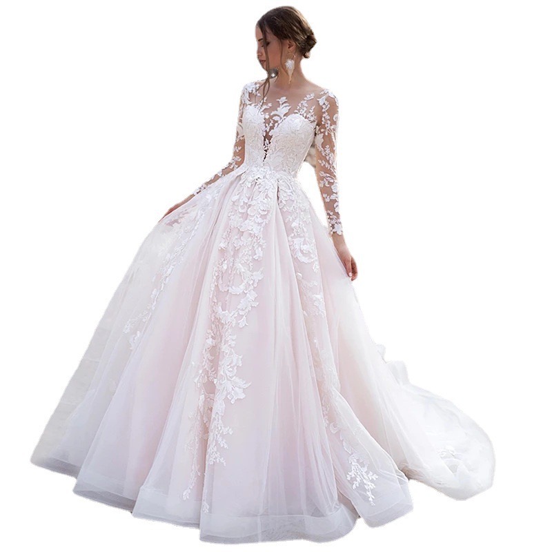 Sexy Women Wedding Dress White Long Mesh Lace Sleeve A line Pleated Romantic Reem Acra Tulle Bridal Gowns Vintage Country Garden Bride Reception Dress