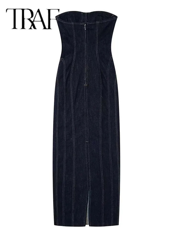 TRAF 2023 Dresses for Women Tube Top Elastic Tight Dress Summer Backless Sexy Evening Denim Midi Party 240315