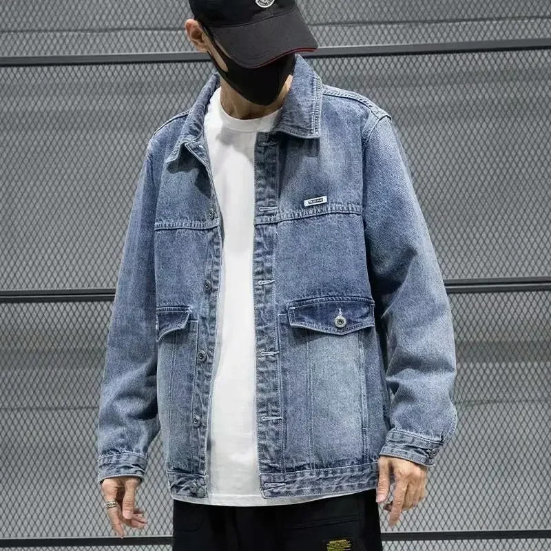 Mens Denim Jacket Autumn with Print Male Jean Coats Button Casual Korean Clothes Winter Outerwear Large Size Menswear G 240319