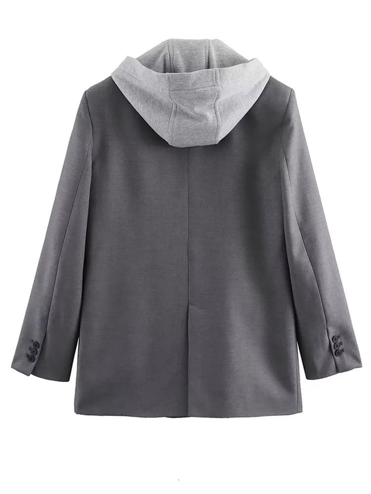 Fashion Casual Flip Hooded Blazer for Women Lapel Single Breasted Zipper Splicing Coats Retro Solid Long Sleeve Pocket outwear 240318