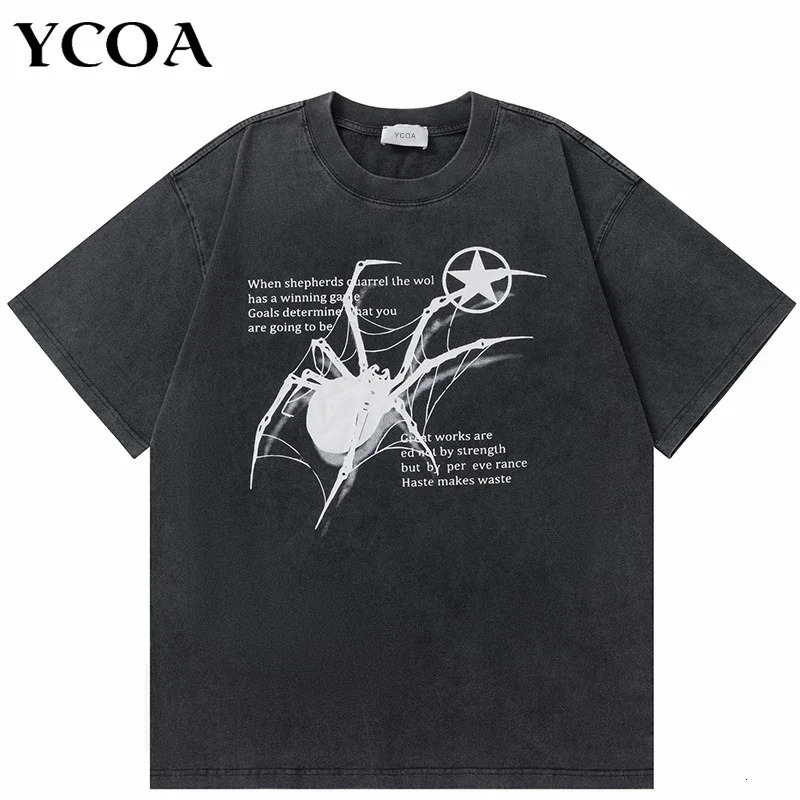 Men T-Shirt Streetwear Hip Hop Oversized Y2k Washed Black Spider Graphic Harajuku Gothic Vintage Cotton Tops Tees Loose Clothes 240321