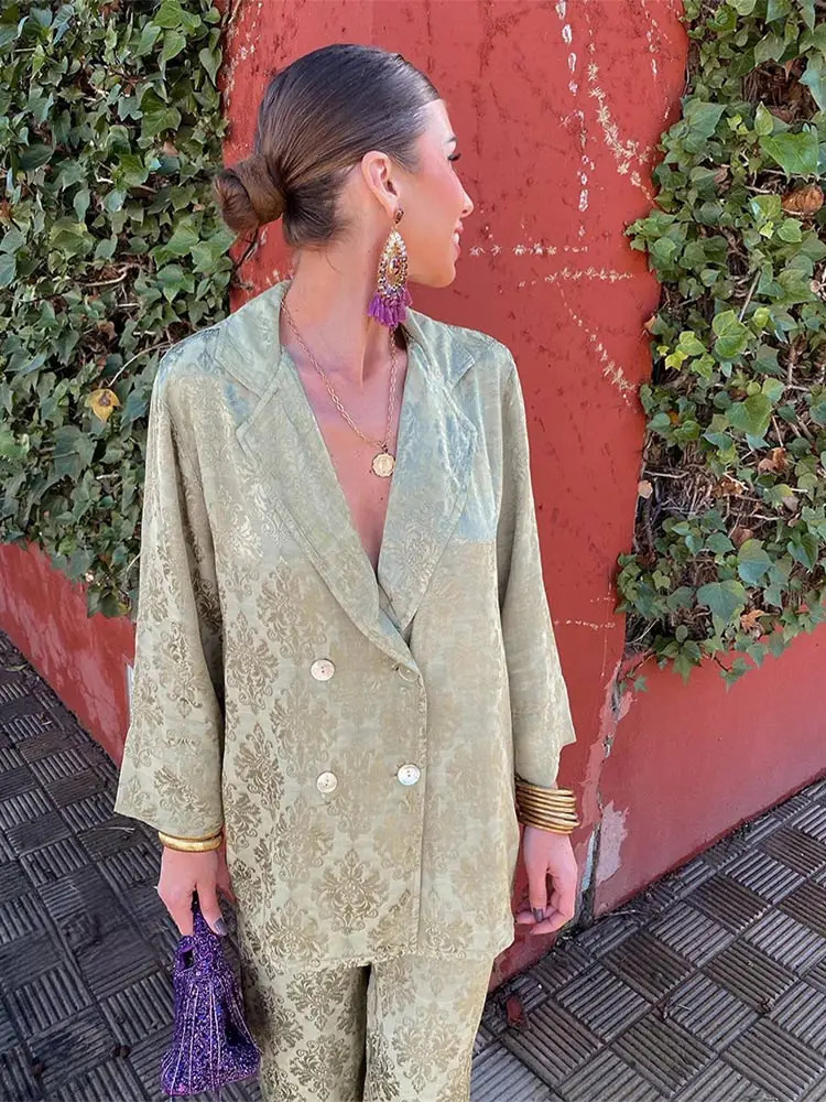 Elegant Fashion Print Womens 2 Piece Set Loose Lapel Double Breasted Blazer High Waist Pants Suit 2024 Spring Lady Chic Outfits 240314