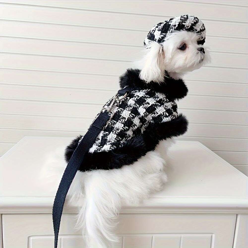 Dog Clothes, Winter Autumn Plaid Cape with Leash Beret Set for Dog, Coat Basic and Chic Tweed Fabric, Chest Adjustable, Pet Clothes
