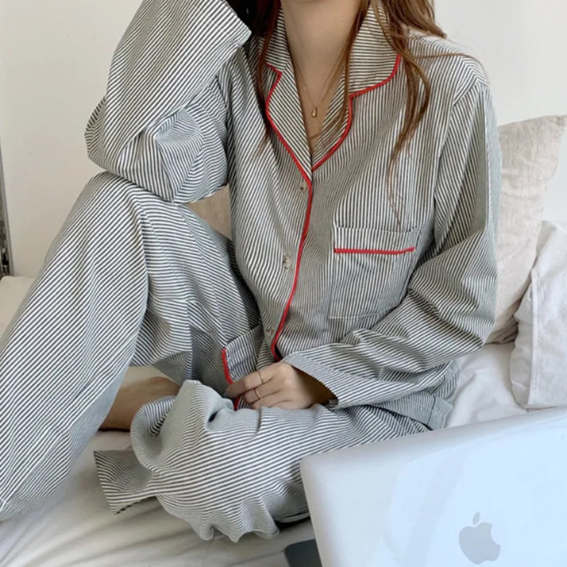 Contracted Stripe Couples Lapel Button Cardigan Long Sleeve Pants Loose Spring Summer ice silk Sleepwear Loungewear 2 Sets 240314