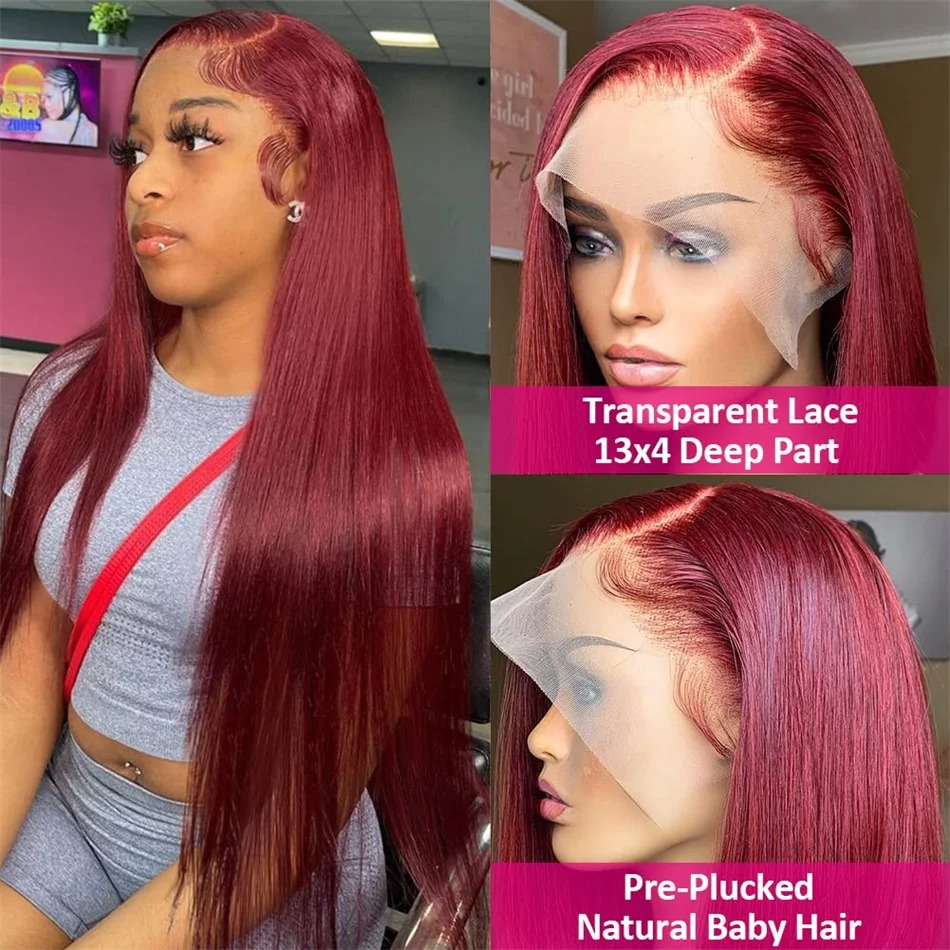 Red 99J Transparent 13X6 Front Human Hair Bury Straight 13X4 HD Lace Frontal For Women Colored Wig