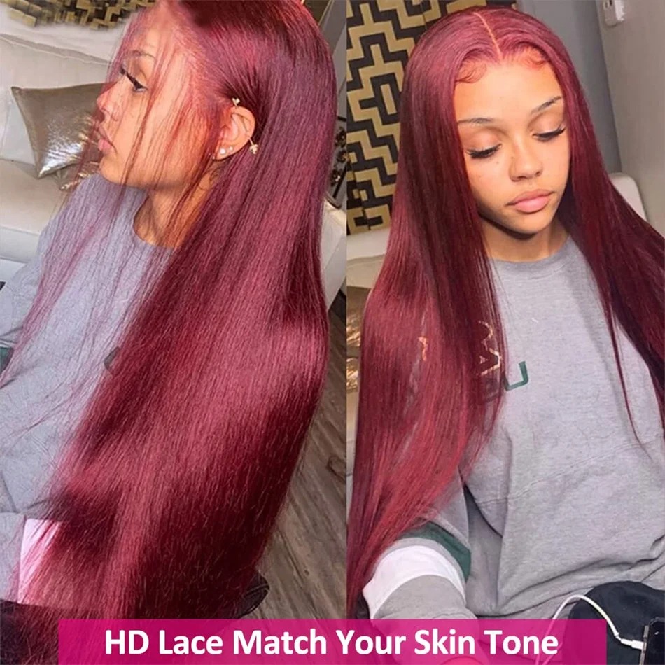 Red 99J Transparent 13X6 Front Human Hair Bury Straight 13X4 HD Lace Frontal For Women Colored Wig