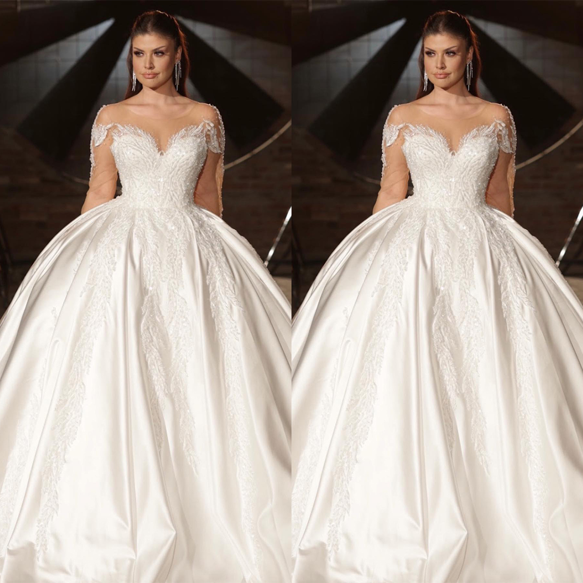 Classic Ball Gown Wedding Dress For Women Sheer Neck Long Sleeves Bridal Gown Sequins Appliques Sweep Train Dresses Custom Made vestidos de novia