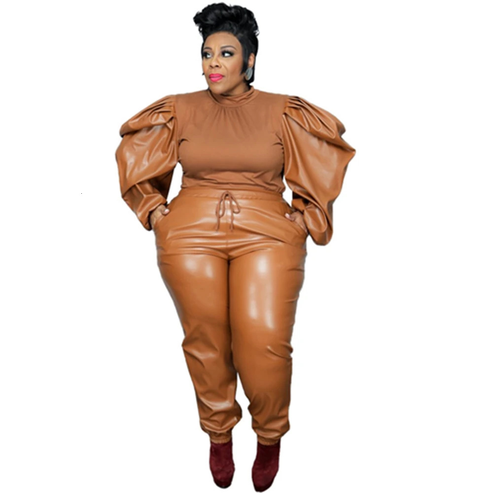 Plus Size Leather Two Piece Set XL5XL PU Fashion Womens Clothing Lantern Sleeve Solid Color Matching Sets Winter Casual Outfit 240307