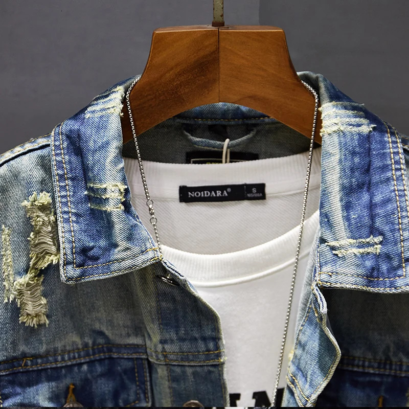 Mens Classic Retro Washed Distressed Hole Ripped Denim Jacket Mens Casual Slim Long Sleeve motorcycle jeans Jacket 5XL 240319