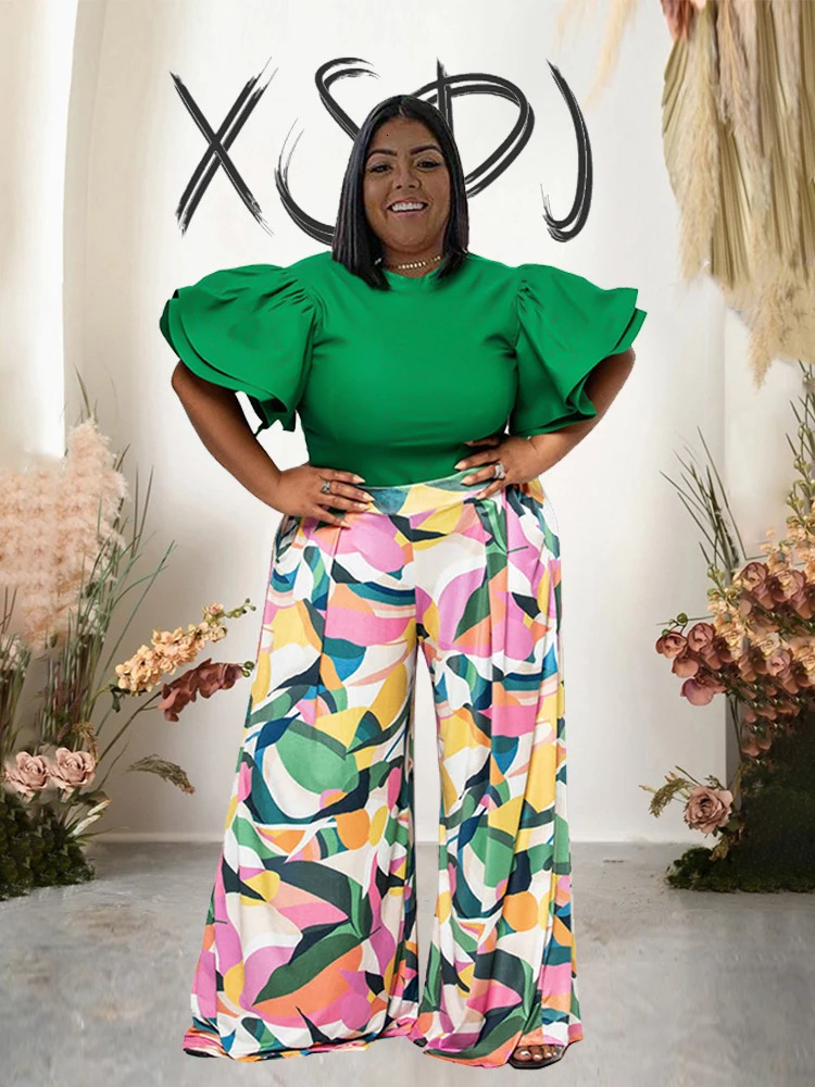 Two Piece Sets Outifits Spring Summer Plus Size Matching Flared Sleeve Blouse Wide and Loose Pants Fashion Suits 240307