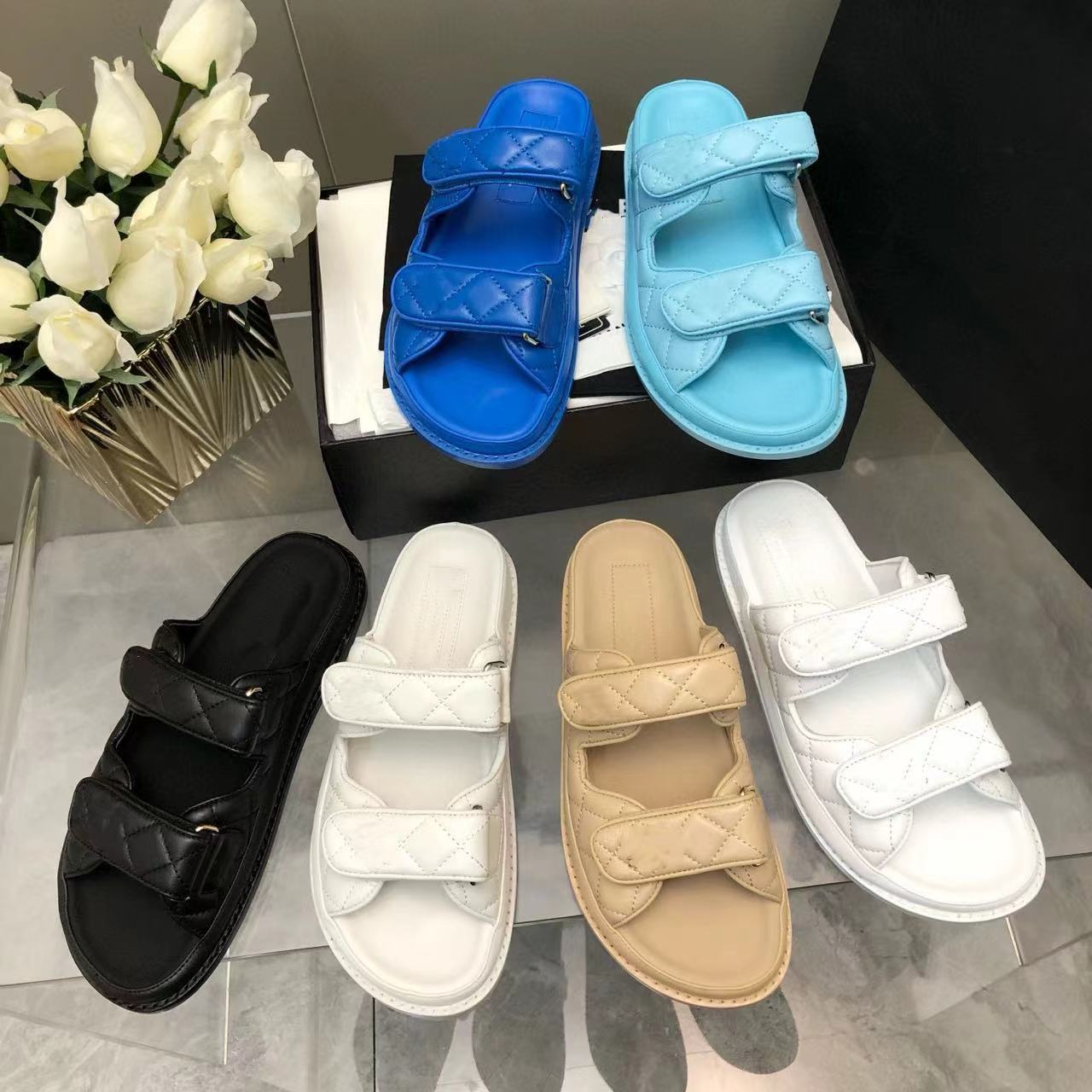 Dad Sandals slippers Slip on Without the Back Strap Women Summer Mule Slide Flat Shoes 100% Real Leather Quilted Leather with Box Designer Sandal for Women Ss