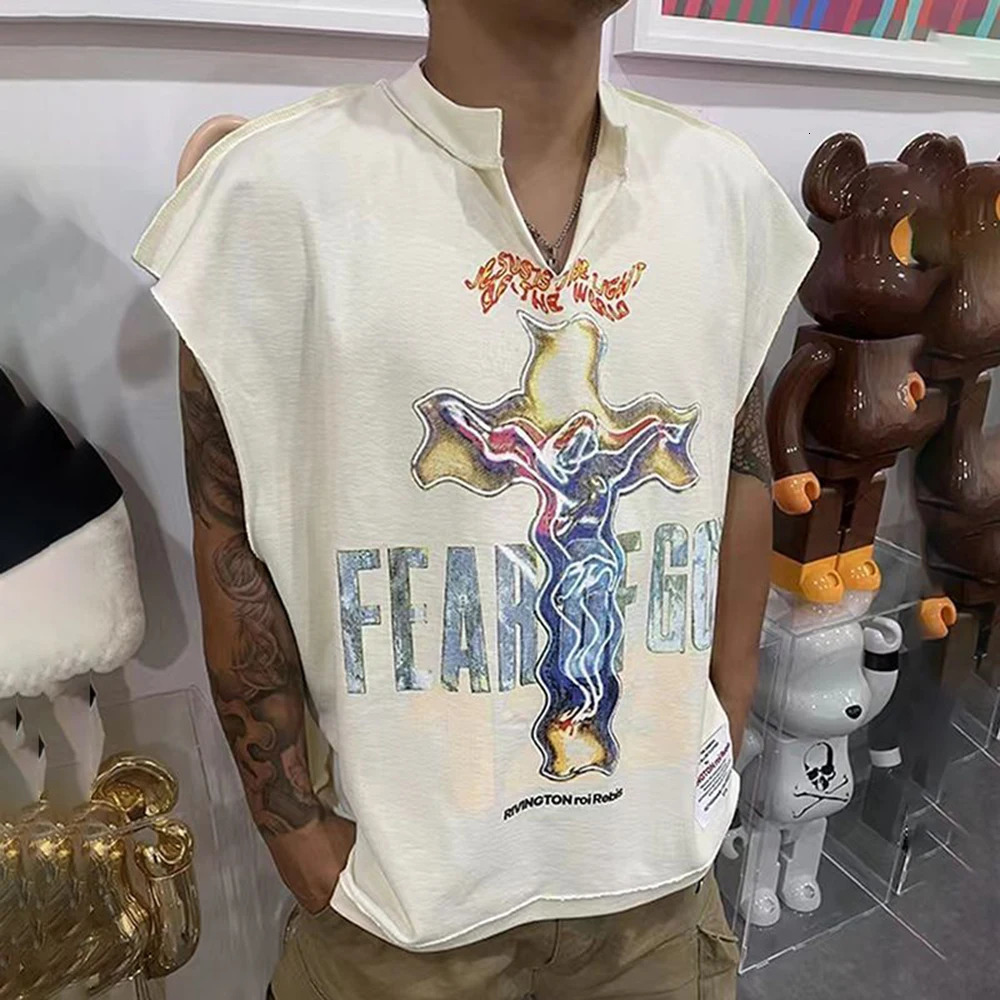 Hiphop V-neck Sleeveless Vest Summer Casual Y2K Retro Graffiti Printing High Street Loose Vest T-shirt Top Mens Clothing 240313