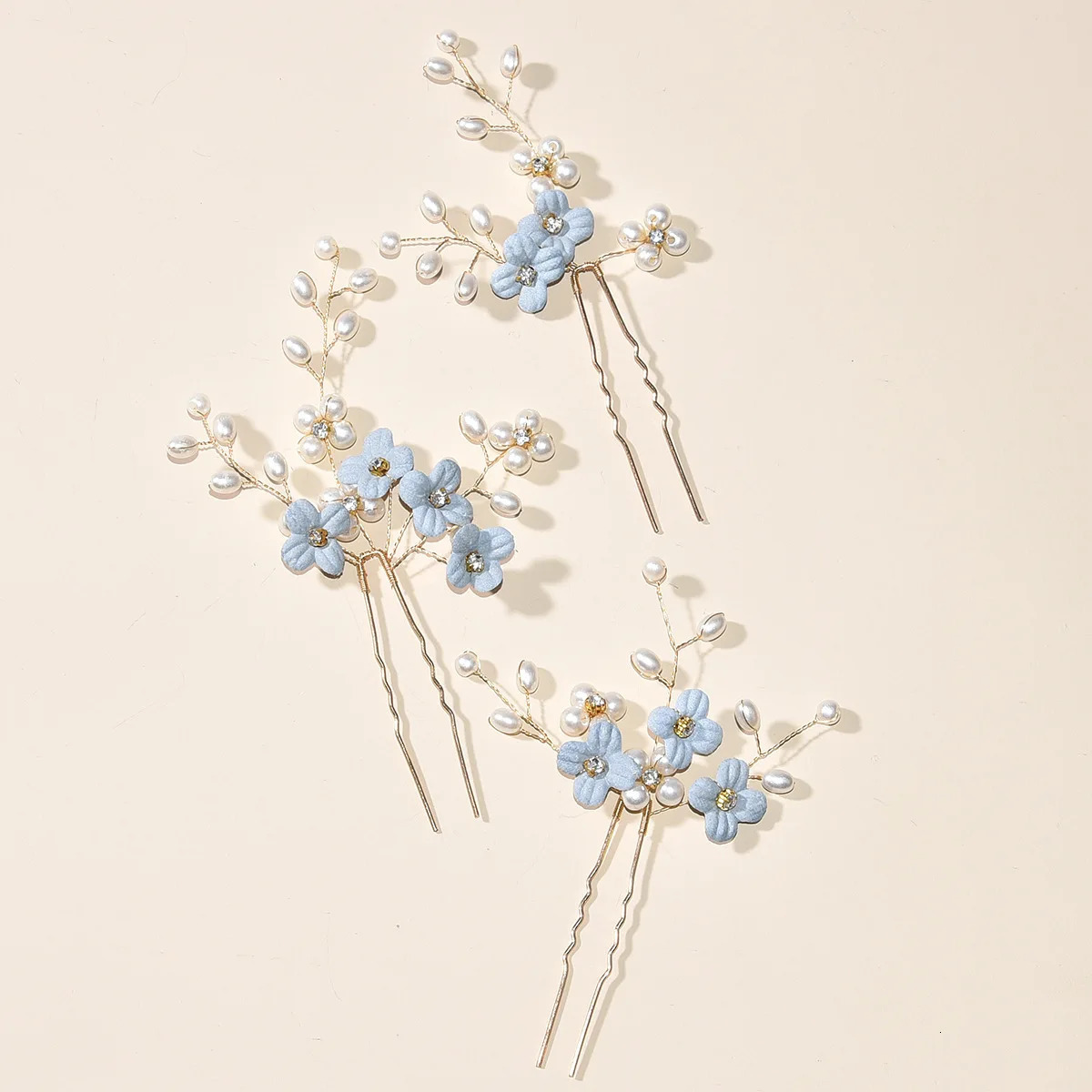 3pcs Blue Flower U Shaped Hair Pins Pearl Elegant Clips Headwear for Wedding Bridal Hairclip Women Jewelry Accessories 240311