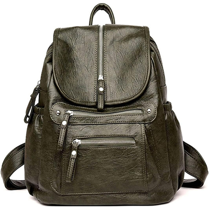 leather backpack with multiple zipper pockets and hardware, fashionable and minimalist women's bag