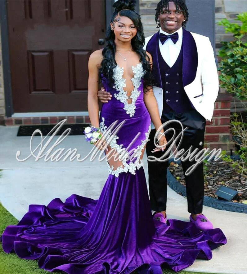 2024 New Purple Veet Prom Dresses With Appliques Sequins Sheer Jewel Neck Ruffles Long Evening Gowns For Black Girls Special Ocn Wears Bc18274 6660311