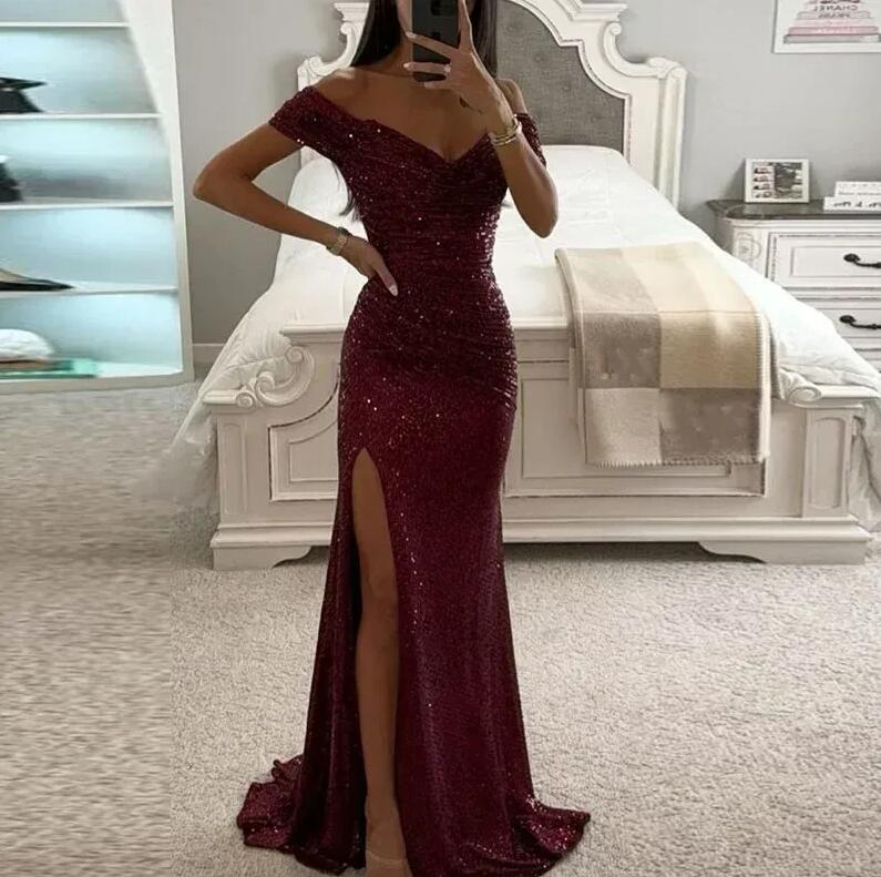 Elegant Off The Shoulder Sequins Mermaid Bridesmaid Ruched High Thigh Split Blingbling Wedding Guest Maid Of Honor Dresses Bc18214 0326