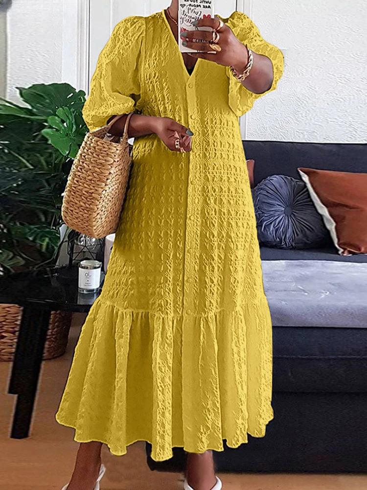Plus Size Women Shirt Dress Summer Sexy V Neck Buttons Half Sleeve Long Maxi Vestidos Bohemian Elegant Party Robe 240318
