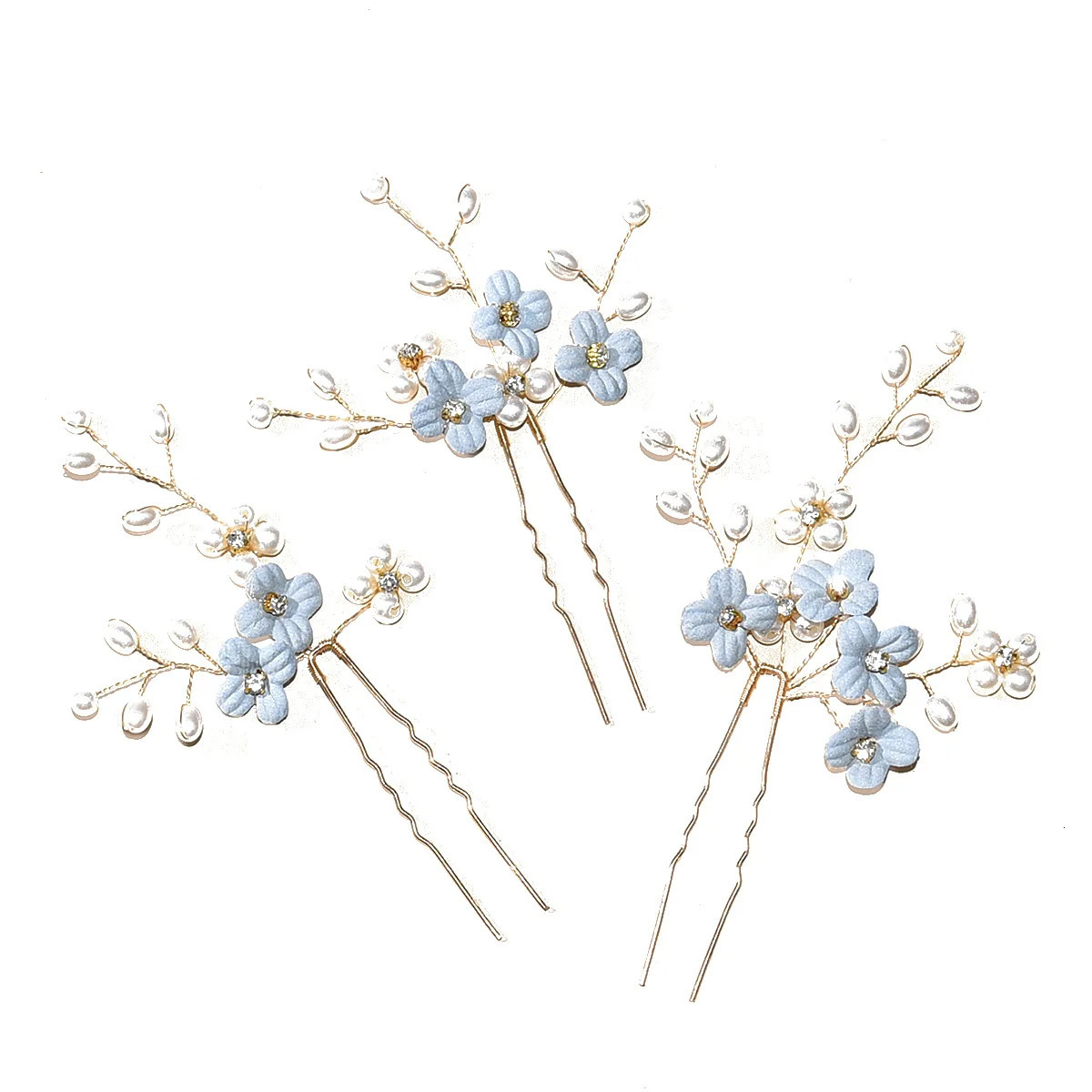 3pcs Blue Flower U Shaped Hair Pins Pearl Elegant Clips Headwear for Wedding Bridal Hairclip Women Jewelry Accessories 240311