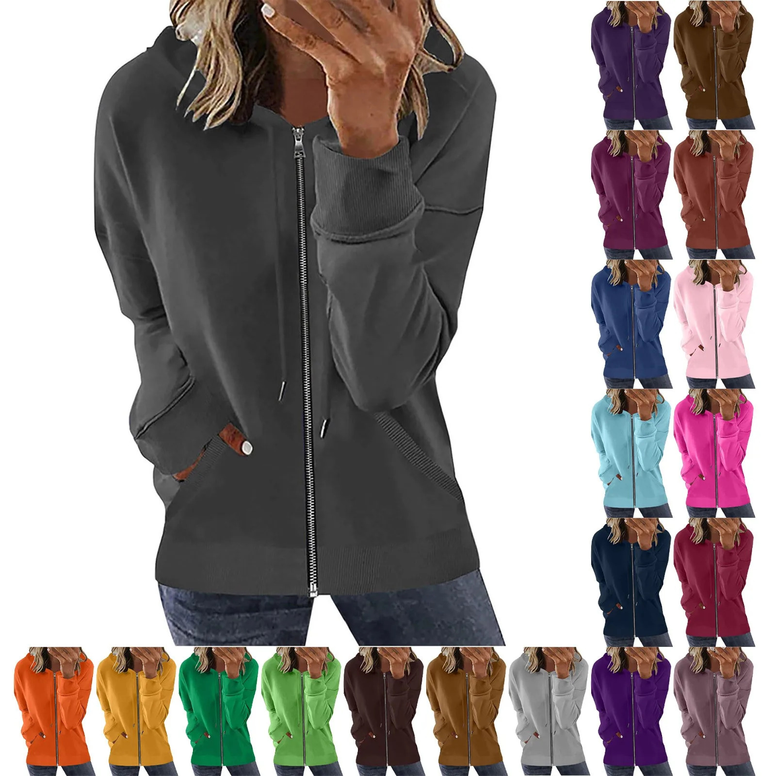 Women Solid Color Zipper Hoodies Harajuku Y2k Drawstring Long Sleeve Hooded Sweatshirts Korean Casual Pocket Jacket Streetwear 240318