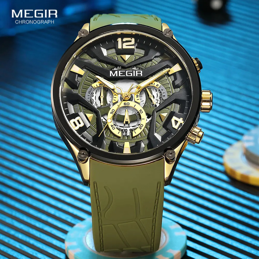 MEGIR Olive Green Sport Watch Men Fashion Silicone Strap Waterproof Chronograph Quartz Wristwatch with Auto Date Luminous Hands 240311
