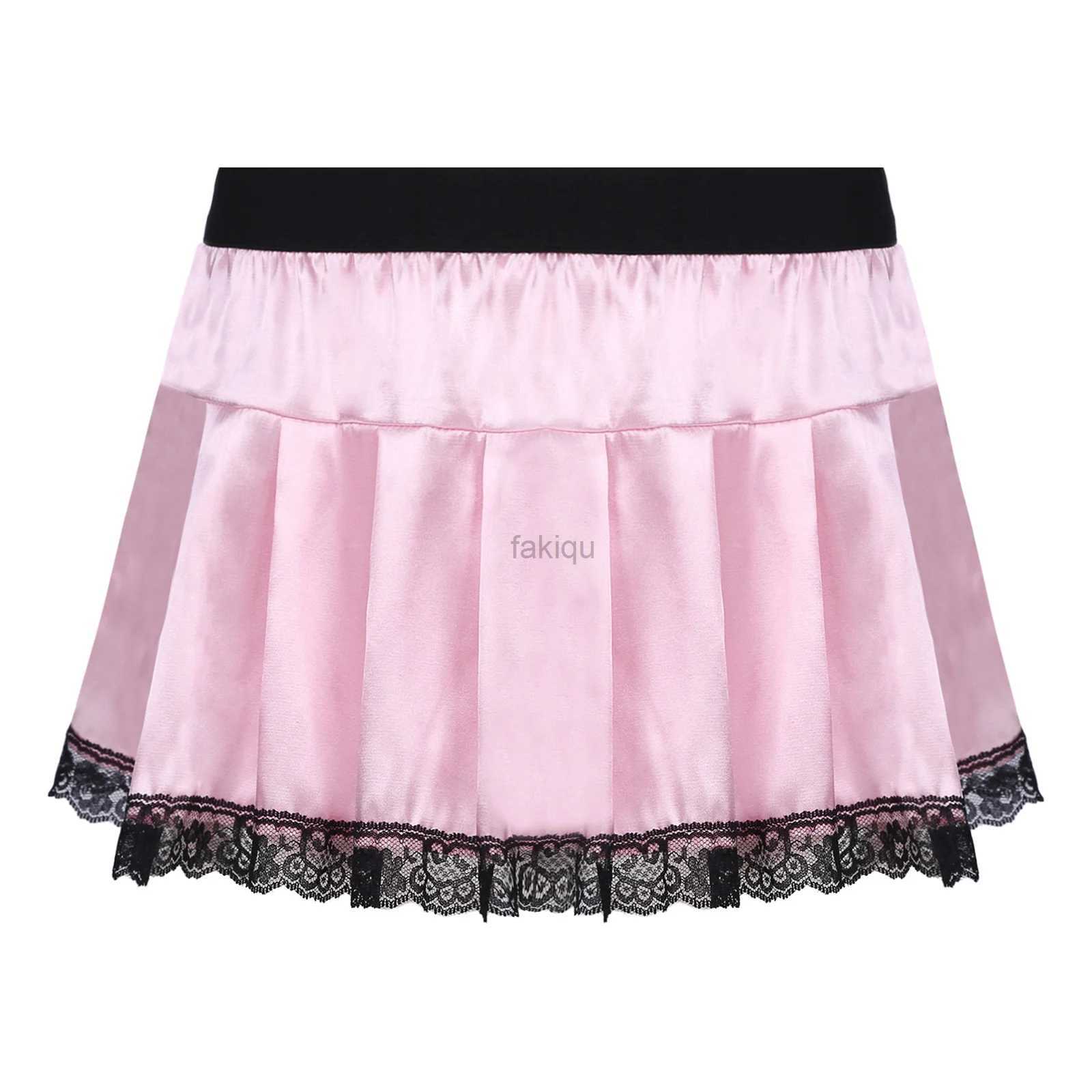 Sexy Skirt Set women underwear Sissy Crossdresser clothing lace decoration pleats sexy tight fitting role-playing satin mini skirt pajamas 24326