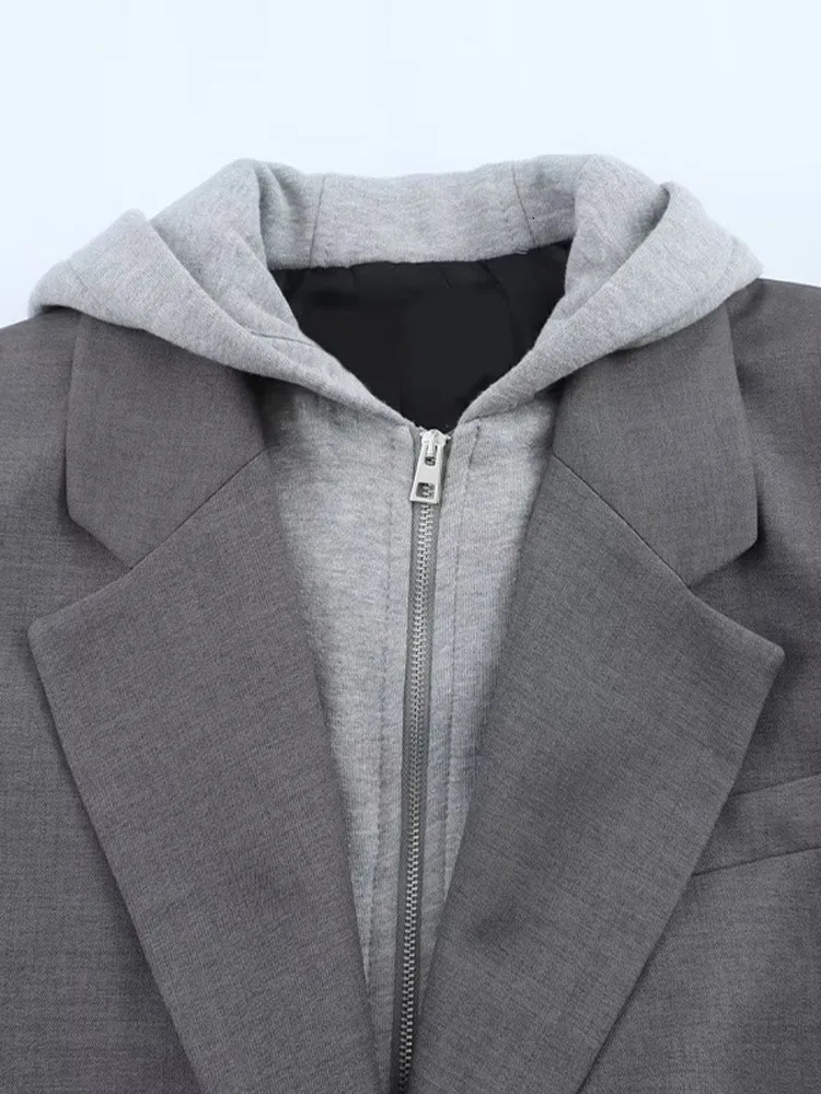 Fashion Casual Flip Hooded Blazer for Women Lapel Single Breasted Zipper Splicing Coats Retro Solid Long Sleeve Pocket outwear 240318