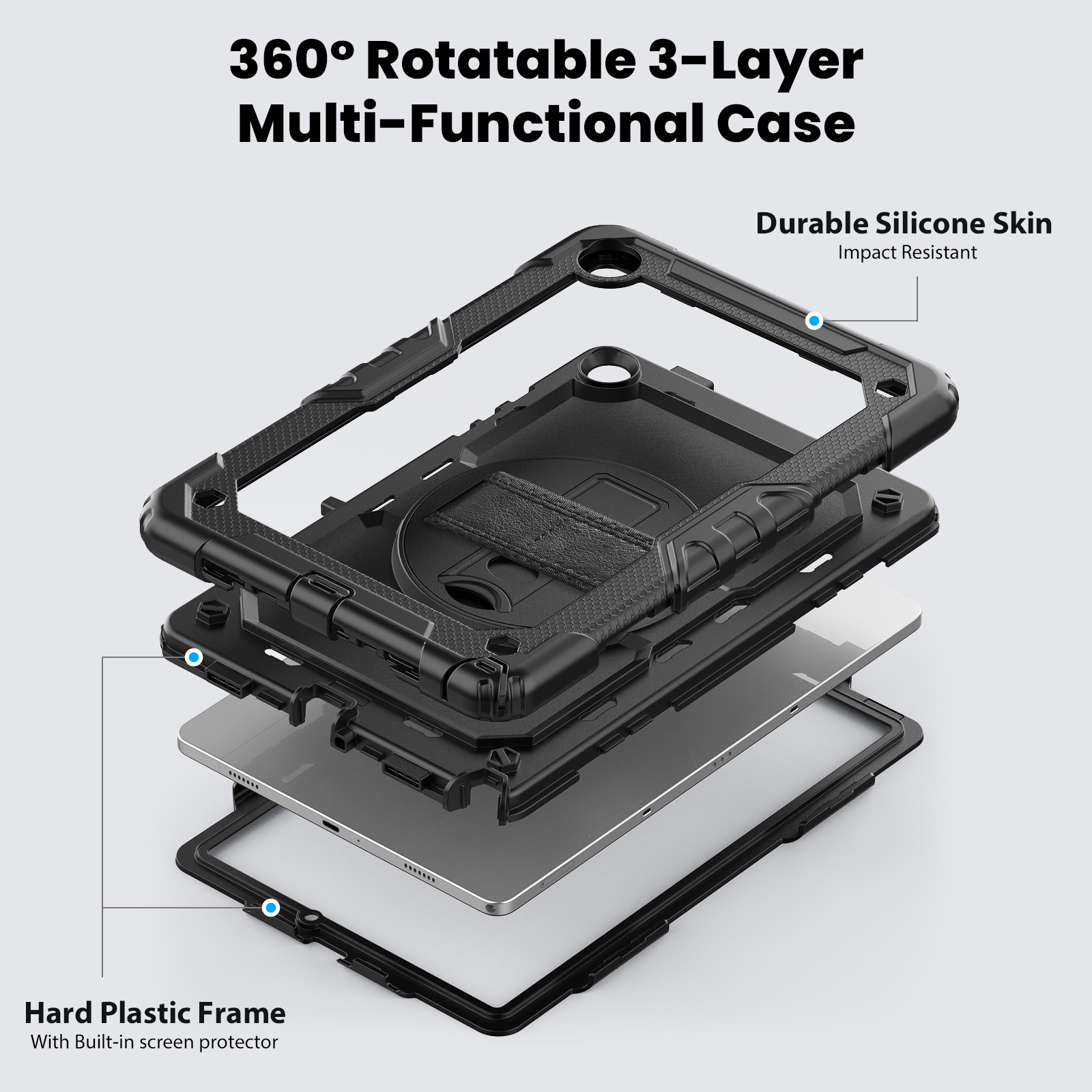 Case For Samsung Galaxy Tab A9 Plus 11 inch A9+ 360 Rotating Hand Strap Kickstand Tablet Cover Rugged Shockproof Armor Cases + Shoulder Strap with Scr