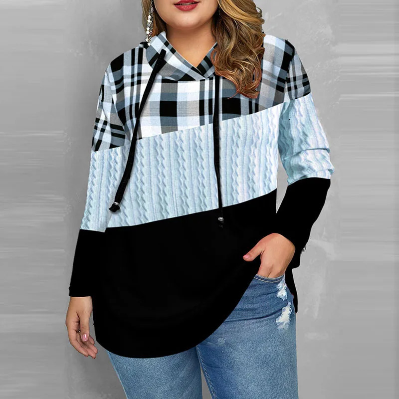 Women Plaid Print Hooded Sweatshirts Spring Autumn Hoodie Long Sleeve Pullover Tops Ladies Casual Drawstring Contrast Outwears 240318