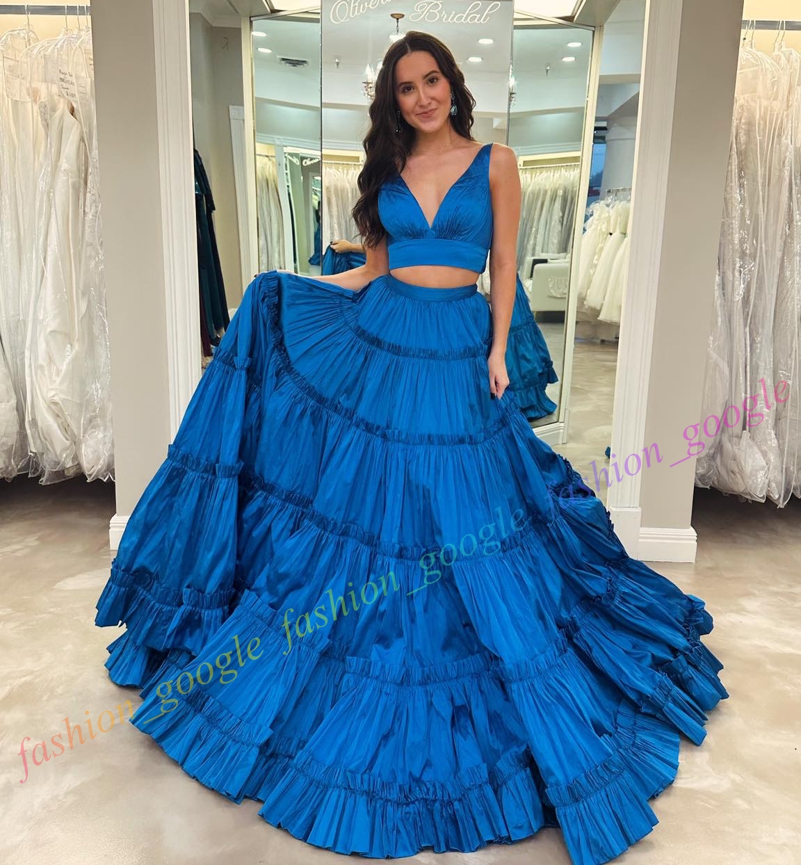 Crop Top Senior Prom Dress Golden Globes Award Two-Piece Ruffle Taffeta Winter Spring Formal Evening Cocktail Gala Party Pageant Red Carpet Runway Gow