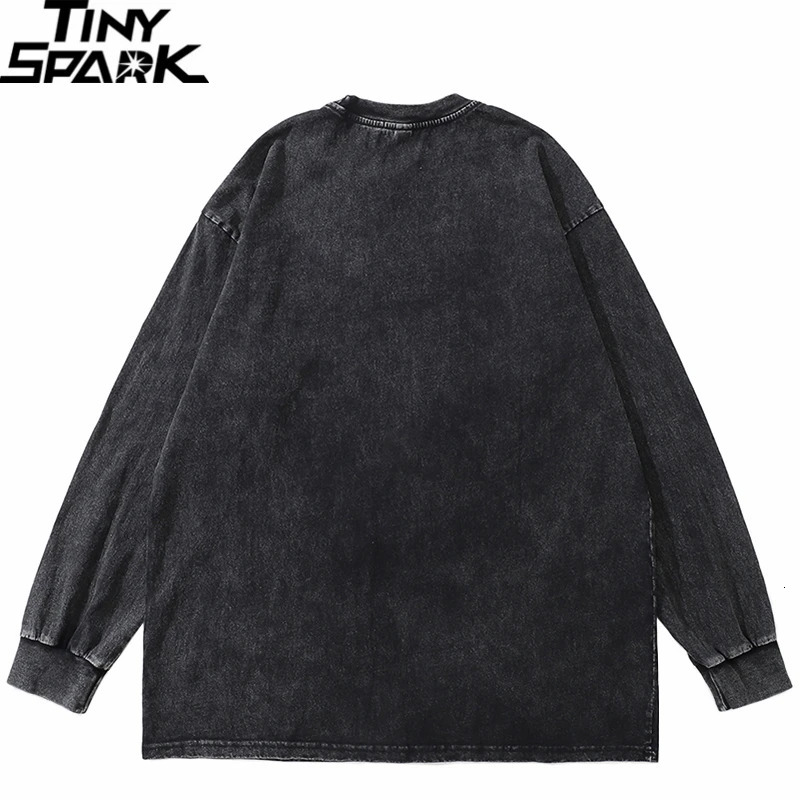 Hip Hop Streetwear Washed Black Plain T Shirt Vintage Harajuku T-Shirt Autumn Men Cotton Long Sleeve Tshirt Solid Color 240319