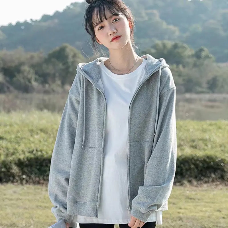 Grey Sweatshirt Hooded Casual Cotton Cardigan Sweatshirts Gray Women Clothes Solid Zipper Hoodies WLong Sleeves 240318
